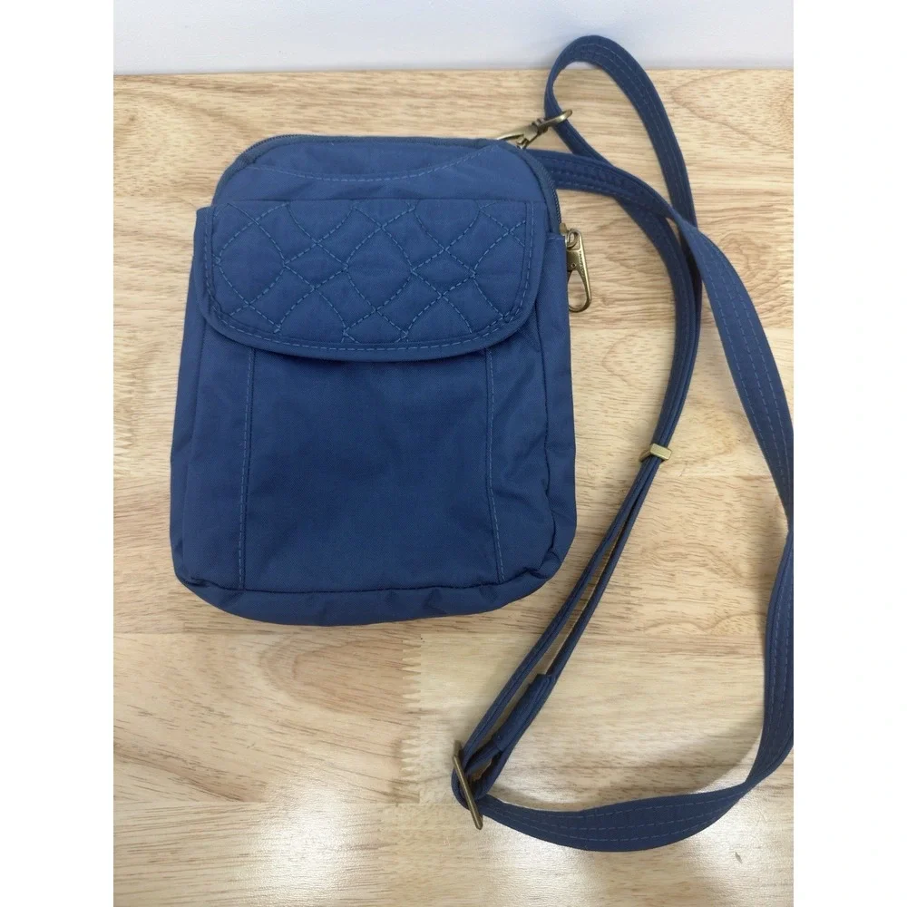 Travelon Anti-Theft Quilted Signature Slim Pouch Crossbody Bag Blue Purse #43
